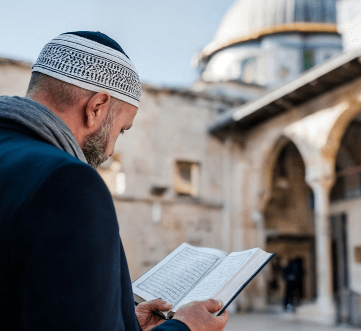 Hombre musulmán leyendo el Qurán con una mezquita al fondo durante el amanecer o anochecer