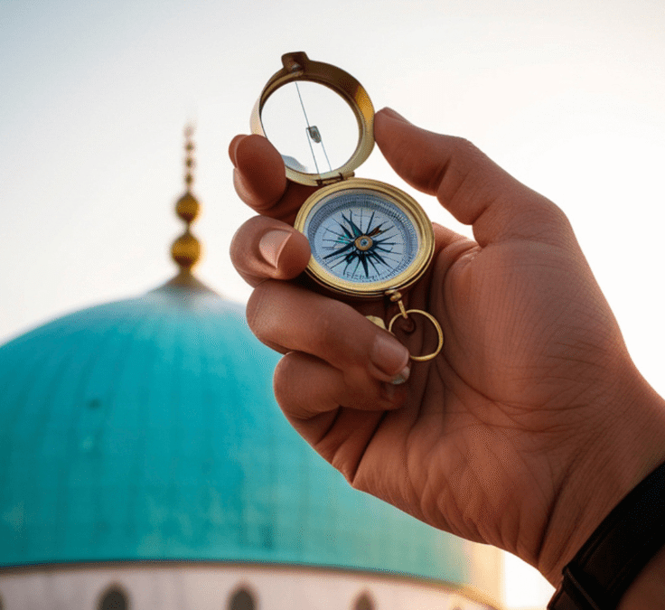 Mano sosteniendo una brújula con la cúpula de una mezquita al fondo para encontrar la Qibla